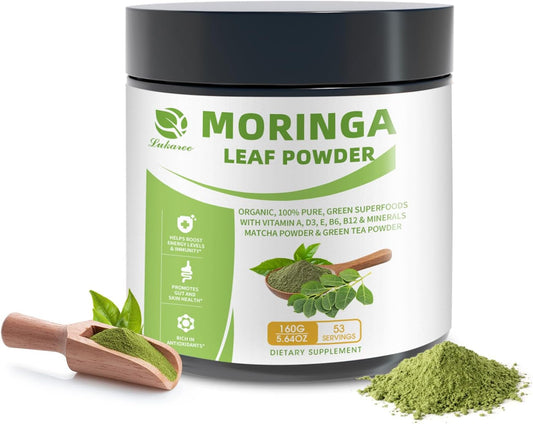Organic Moringa Powder & Matcha Powder, Multi-Green Superfoods with Green Tea Resveratrol - Energy and Digestive Support, Rich in Antioxidants and Vitamin A D3 E B6 B12 Calcium, Non-GMO, Vegan, 5.6 oz