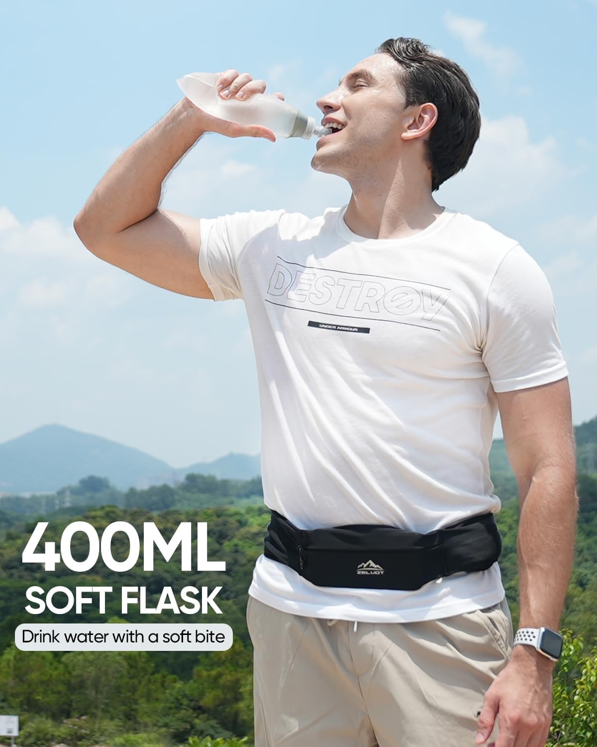 Running Belt with 400ml Soft, Adjustable Running Fanny Pack with Phone Holder and Gym Towel, Waterproof Belt Bag for Women Men for Jogging Hiking Marathon (Black, L/XL)