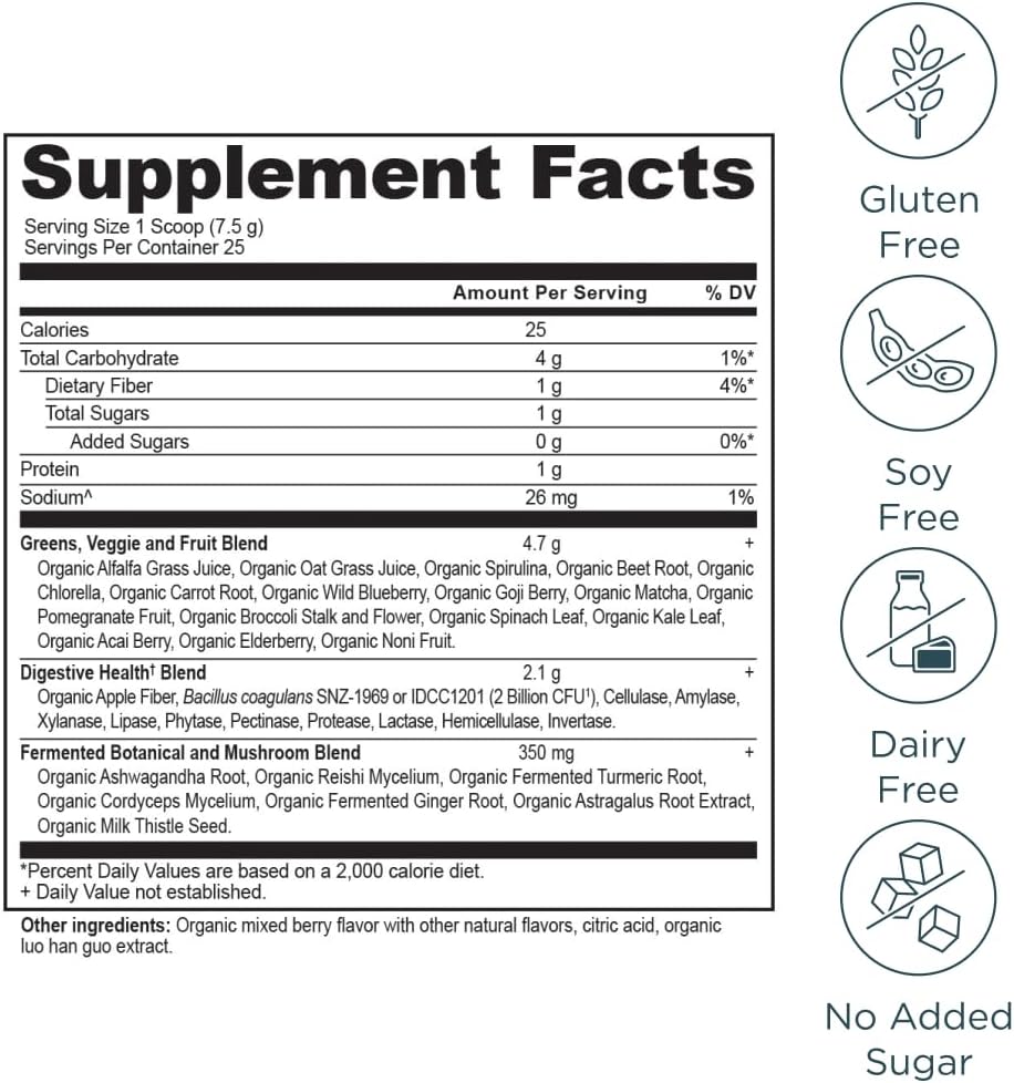 Ancient Nutrition SuperGreens Powder with Probiotics, Organic Berry Flavor Greens, Made from Real Fruits, Vegetables and Herbs, Digestive and Energy Support, 25 Servings, 6.7oz