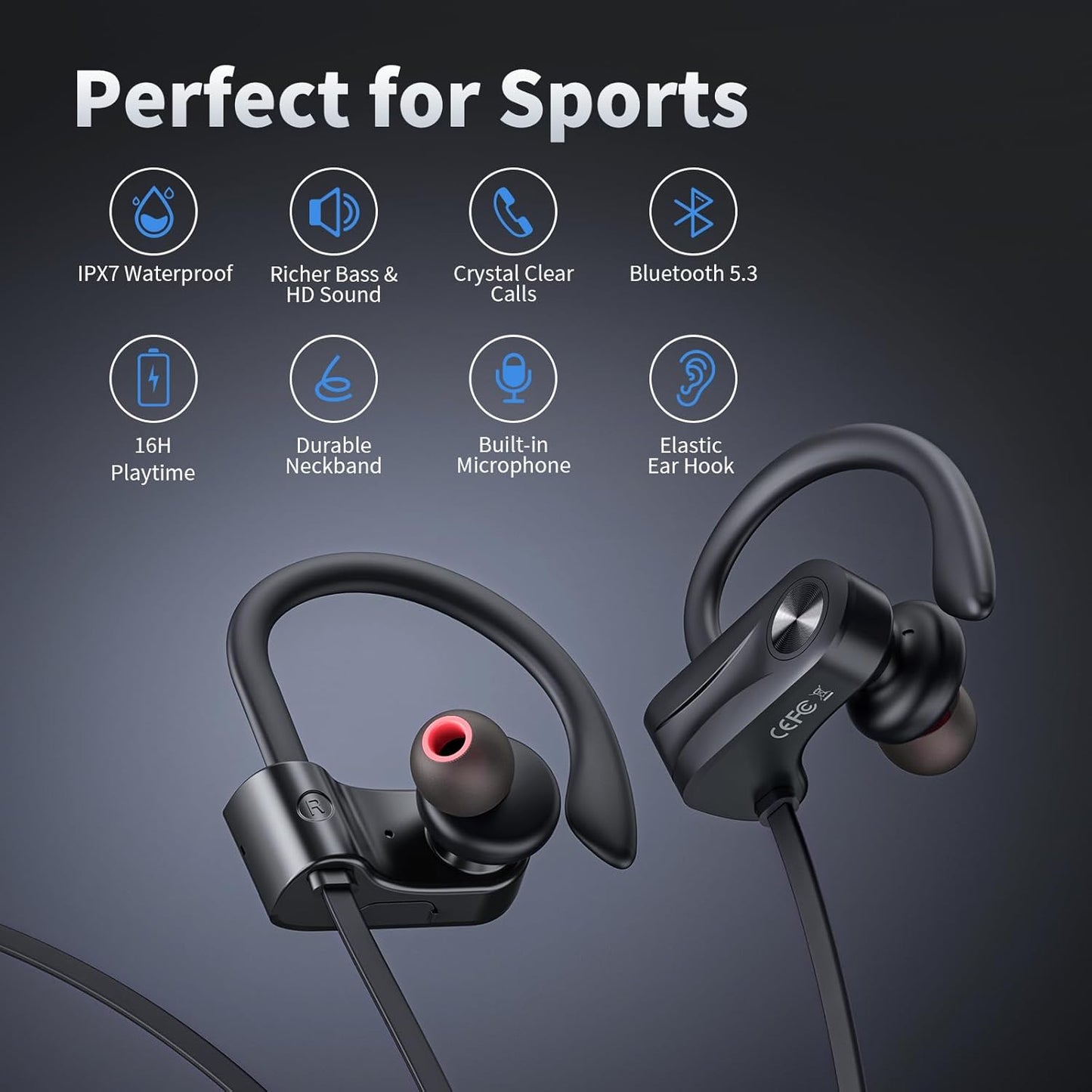 JOYWISE Bluetooth Headphones, Wireless Earbuds Bluetooth 5.3 Headphones with 16Hrs Playtime Stereo Bass Headsets, IPX7 Waterproof Running Earphones for Sports, Black