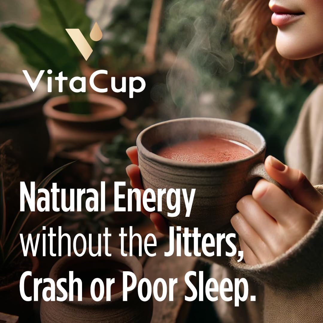 VitaCup Mushroom Coffee Alternative Instant Drink Mix | Mushroom Based Coffee Substitute for Natural Energy & Focus | Lion’s Mane, Yerba Mate, & Chaga | Cacao, Cinnamon, & B Vitamins | 30 Servings