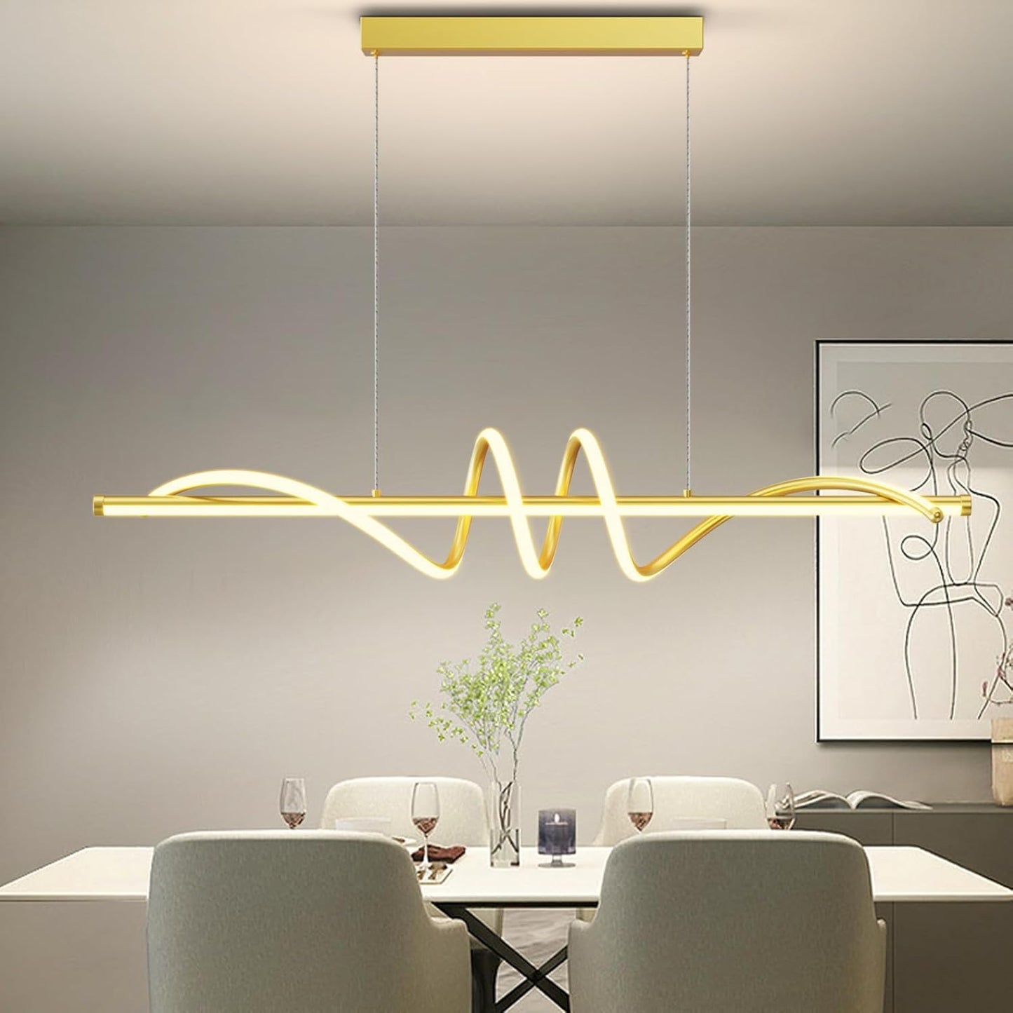 Modern LED Pendant Lights, Ceiling Chandelier Dimmable with Remote Control 3000k-6000K Adjustable Color Temperature, Aluminum Island Lighting Lamp Fixture for Kitchen, Dining Room(47in Gold)