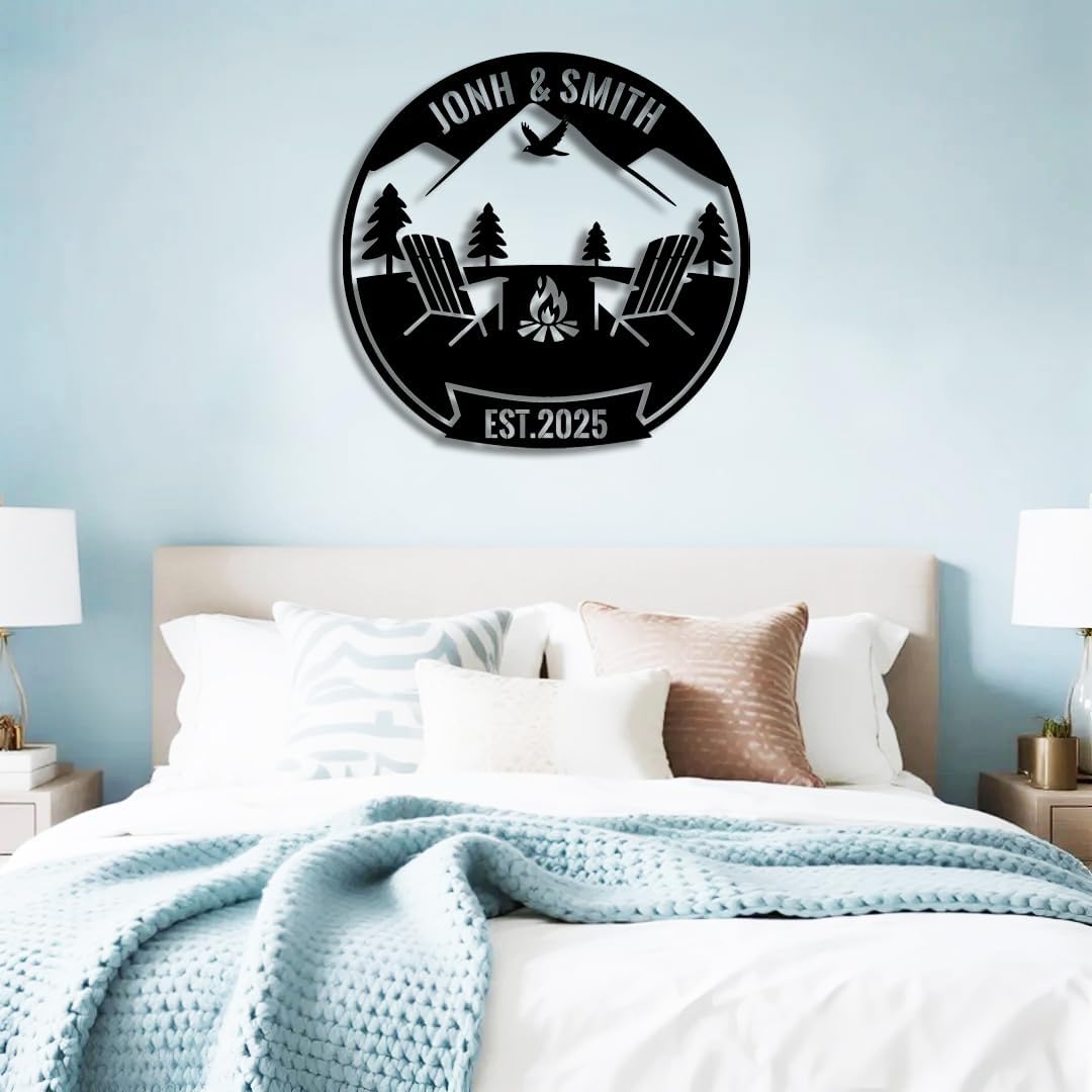 Personalized Campfire Metal Name Sign | Custom Camping Metal Signs | Family Wall Art & Split Letter Name | Wedding Gift & Anniversary | Indoor Decor Gift for Women, Men, Wife, Parents, Couple