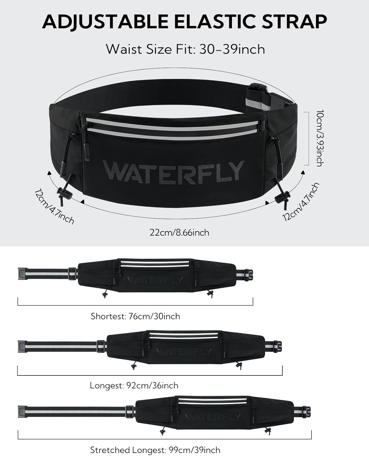 WATERFLY Running Belt Fanny Pack: Breathable 3 Pocket Waist Bag for Men Women Workout Exercise Fitness Phone Holder Fits ALL Phones - Runner Marathon Jogging Race Belt With Bib Clip Black