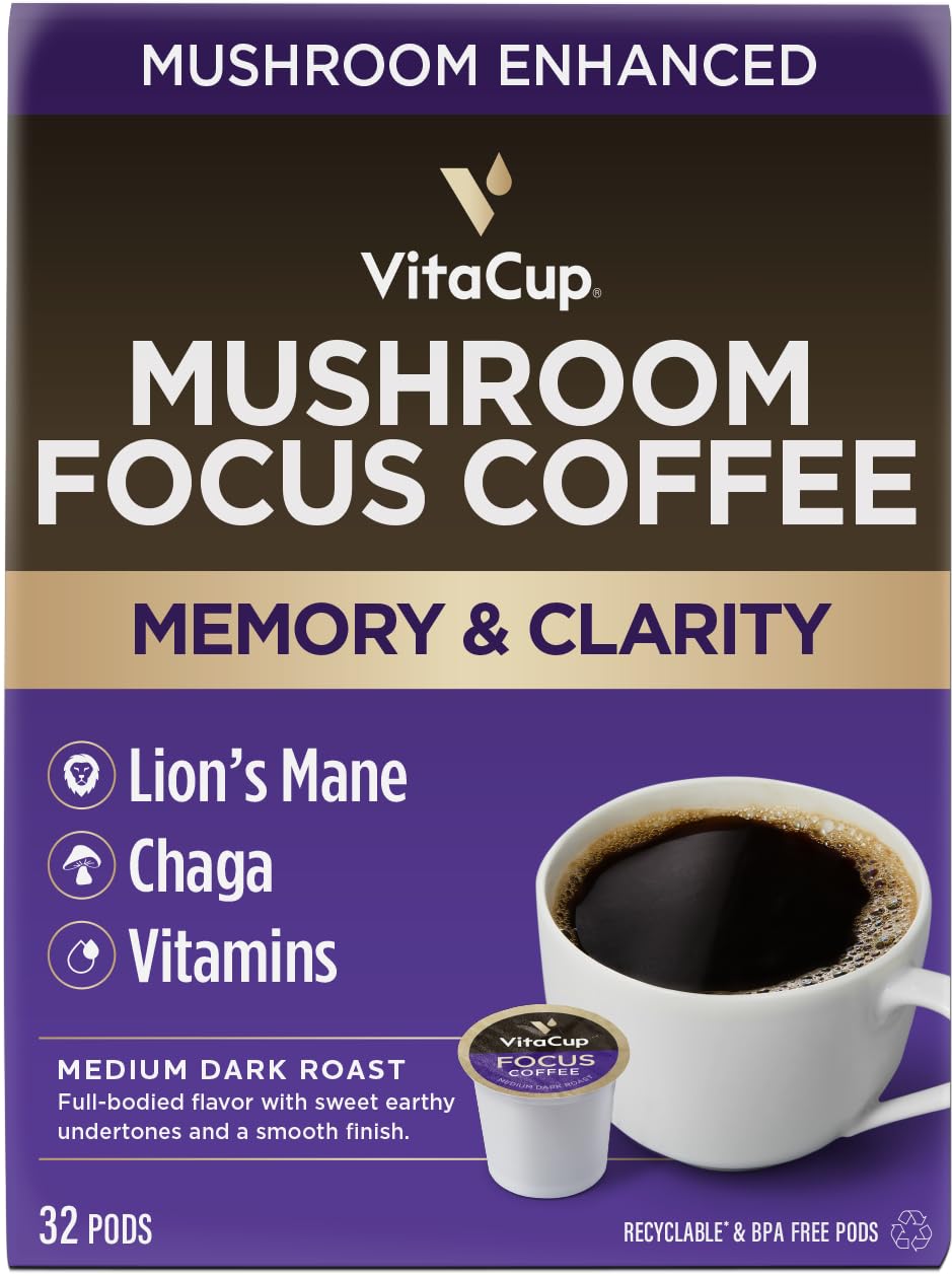 VitaCup Focus Mushroom Coffee Pods, Boost Focus & Immunity w/Lions Mane, Chaga, B Vitamins, D3 for Memory & Clarity, Medium Roast, Recyclable Single Serve Pod Compatible w/Keurig K-Cup Brewers,32 Ct
