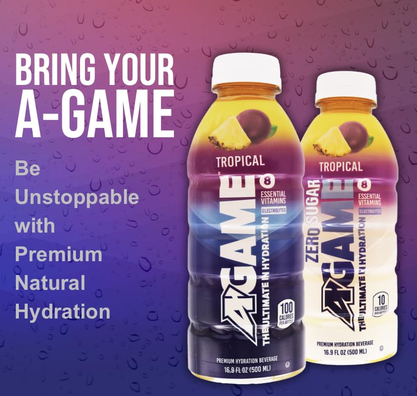 A-GAME Sports Drink, Tropical, The Ultimate Hydration Sports Beverage for Athletes, 8 Essential Vitamins including B, C, & E plus Natural Sea Salt Electrolytes, All Natural Flavors & Sweeteners, Gluten Free, 16.9 Fl Oz (Pack of 12)