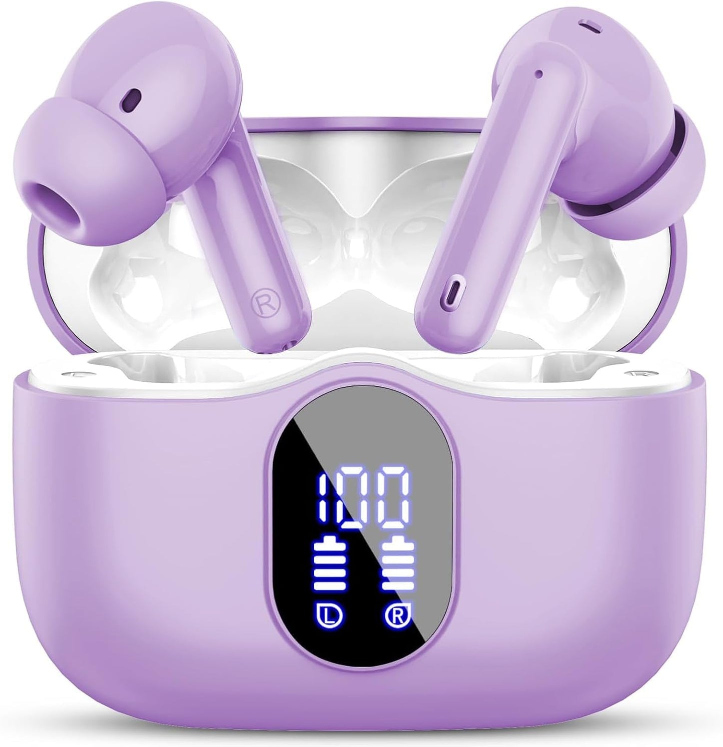 Wireless Earbuds, Bluetooth 5.4 Headphones Bass Stereo, Ear Buds with Noise Cancelling Mic, IP7 Waterproof in Ear Earphones, 36H LED Display Bluetooth Earbuds for Laptop Pad Phones Sports, Purple