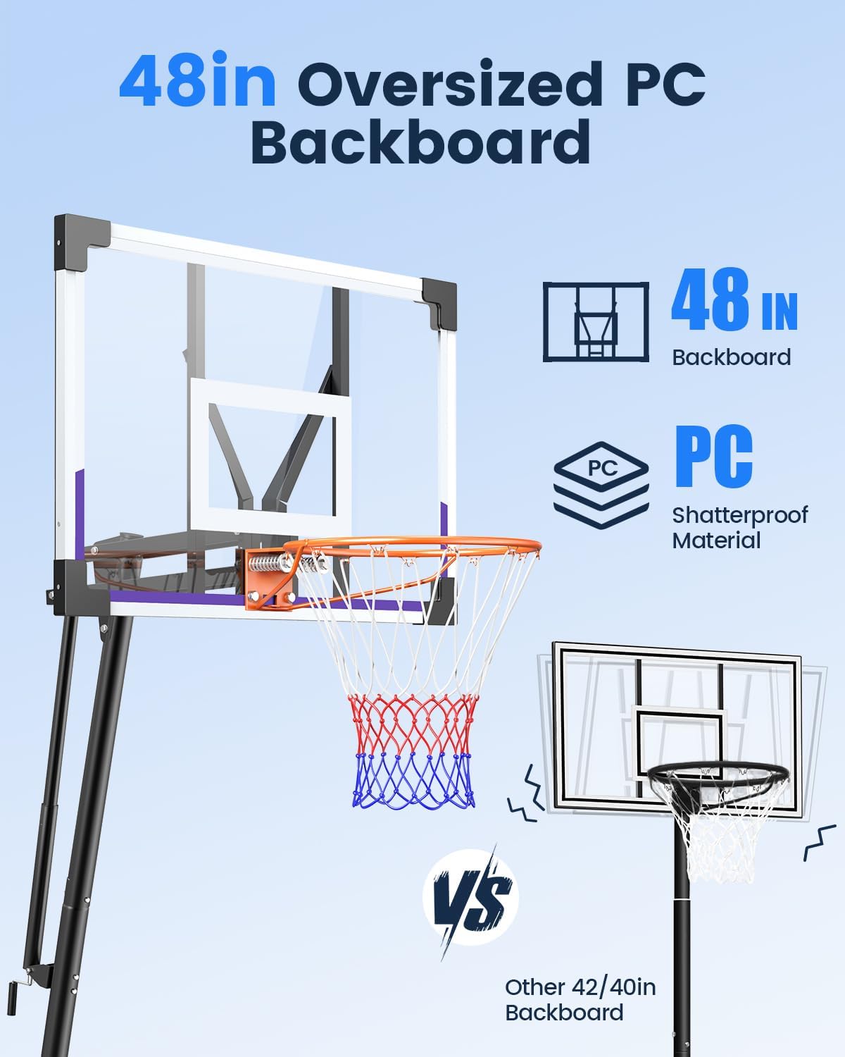 Basketball Hoop Outdoor Portable 44/48 Inch Backboard, 10ft Quickly Adjustable Basketball Goal System with Wheels for Court/Backyard/Driveway