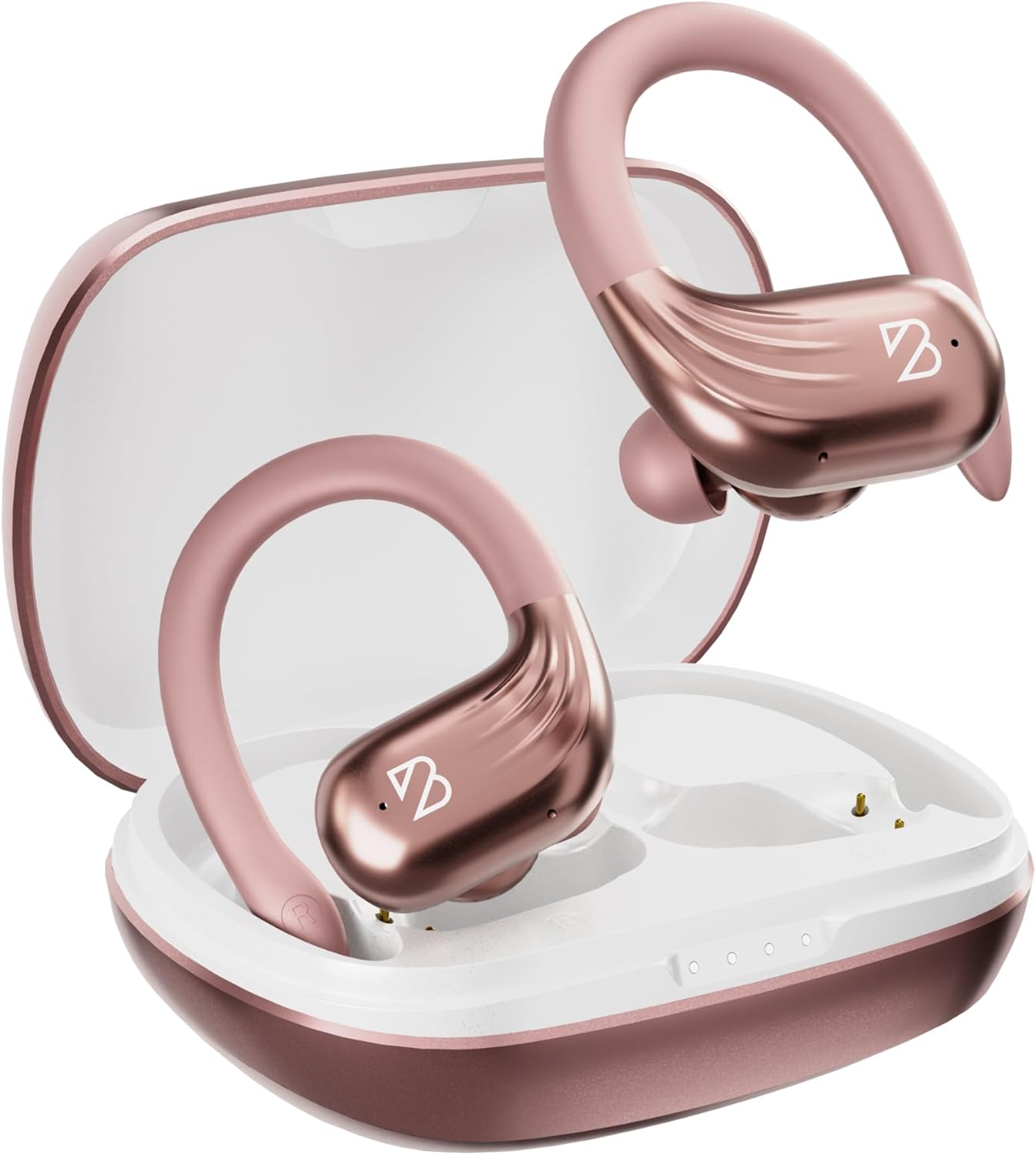Rose Gold Wireless Running Earbuds for Women. Pink Bluetooth Sport Earbuds for Running, 80 Hour Long Battery Life Over the Ear with EarHooks, Wrap Around Ear buds with Microphone, Earphones