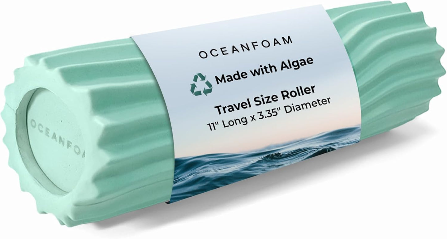 Oceanfoam Ripple Travel Foam Roller (11" x 3.35") Firm Mini Foam Roller for Physical Therapy, Deep Tissue Massage, Back Pain - High Density, Ergonomic Wave Textured - Yoga, Pilates, Exercise (Seafoam)