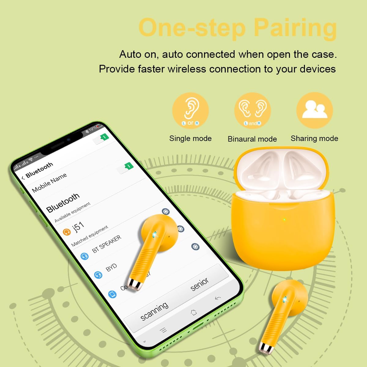 Wireless Earbuds, Bluetooth 5.4 Headphones in Ear with Noise Cancelling Mic, Bluetooth Earbuds Stereo Bass, IP7 Waterproof Sports Earphones, 32H Playtime USB C Charging Ear Buds Yellow for Android iOS