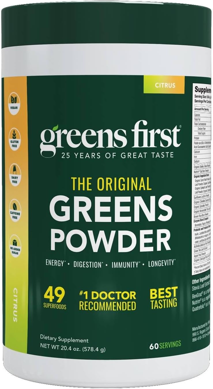 Greens First Original Greens Powder - 49 Superfoods - Organic Fruits & Veggies - Prebiotics, Probiotics & Digestive Enzymes - Antioxidant Smoothie - Dairy Free/Vegan/Non-GMO (Citrus, 60 Servings)