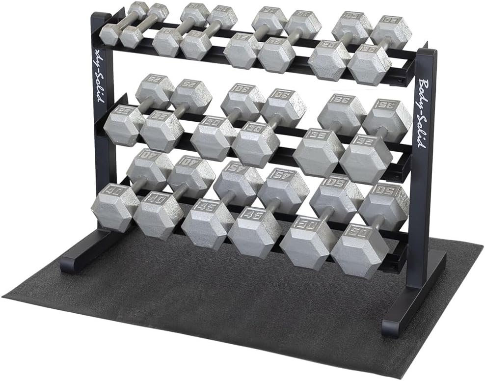 Body Solid (GDR363-RFHEX) Dumbbell Holder Rack with Hex Dumbbell Set 5-50 lbs & Vinyl Floor Mat, Weight Stand Rack for Dumbbells, Home and Commercial Gym Accessories