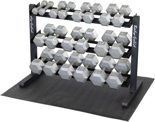 Body Solid (GDR363-RFHEX) Dumbbell Holder Rack with Hex Dumbbell Set 5-50 lbs & Vinyl Floor Mat, Weight Stand Rack for Dumbbells, Home and Commercial Gym Accessories