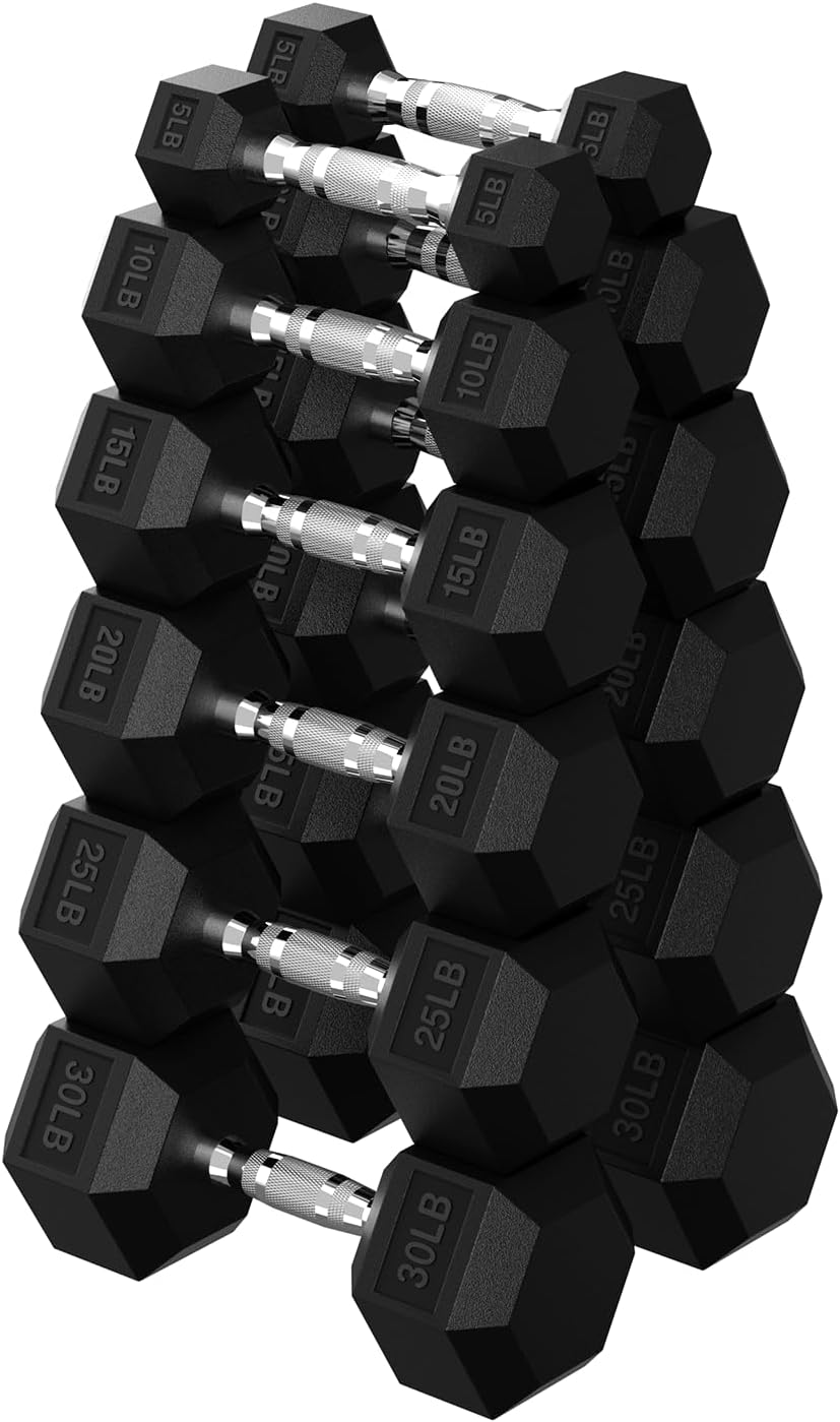 Hex Dumbbell 45-480 lb Set, Rubber Encased Exercise & Fitness Dumbbells for Home Gym, Hand Weights for Strength Training