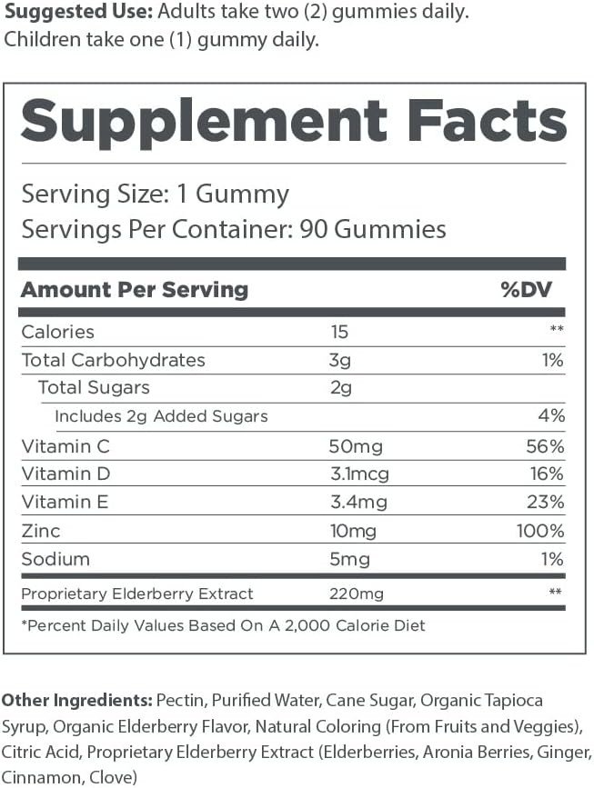 The Elderberry Co. Extra Strength Elderberry Gummies + Aronia Berries with Vitamins C, D,E and Zinc for All-Natural Immune Support, No Artificial Ingredients (60 Count)