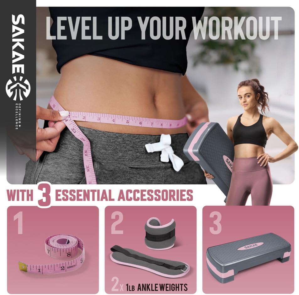 Adjustable Height Aerobic Stepper Set, Multiple Bundle Options with Dumbbells, Kettlebell, Waist Trimmer, Ankle Weights or Weighted Vest, Workout Exercise Step Platform w/Level Risers, 4 Colors