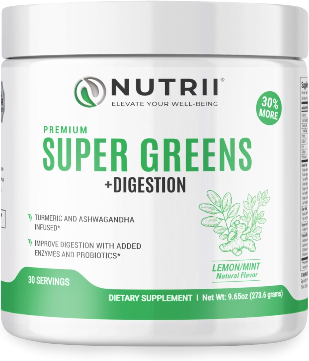 Organic Green Immunity Superfood Powder - Soothes Digestion, Boosts Healthy Vitality and Energy. Fast Acting Formula with Probiotics, Enzymes, Turmeric and Ashwagandha (30 Servings Lemon-Mint)