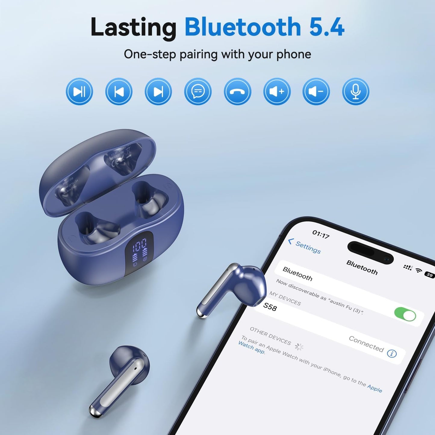 Wireless Earbuds, 2025 Bluetooth 5.4 Bass Stereo Headphones with 4 ENC Mic, 50H Playback Ear Buds with Charging Case LED Display,Sport Earphones IPX7 Waterproof for Phone, Android, Pad, Blue
