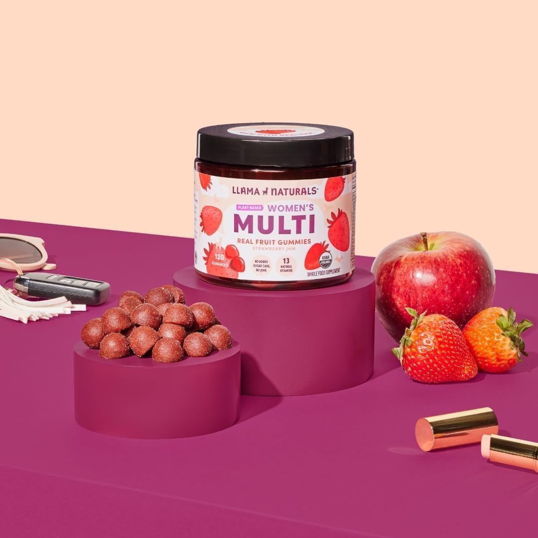 Llama Naturals Multivitamin for Women, Vegan, Organic Gummies with Vitamin D, C and K, Women's Real Fruit Gummy Vitamins, Chewable Multivitamin Supplement, No Added Sugar Cane, Strawberry, 120 Ct