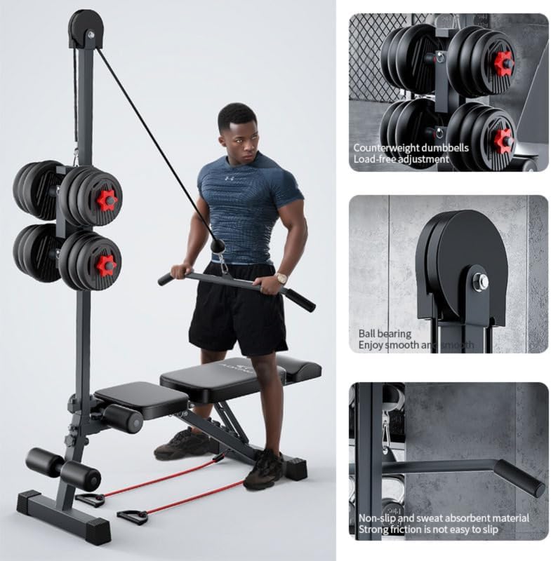12-in-1 Multi-Functional Home Gym Workout Bench–High/Low Pulley System, Sit-Up Bench, LAT Pull-Down,Leg Developer,Adjustable Strength Training Equipment for Full-Body Fitness