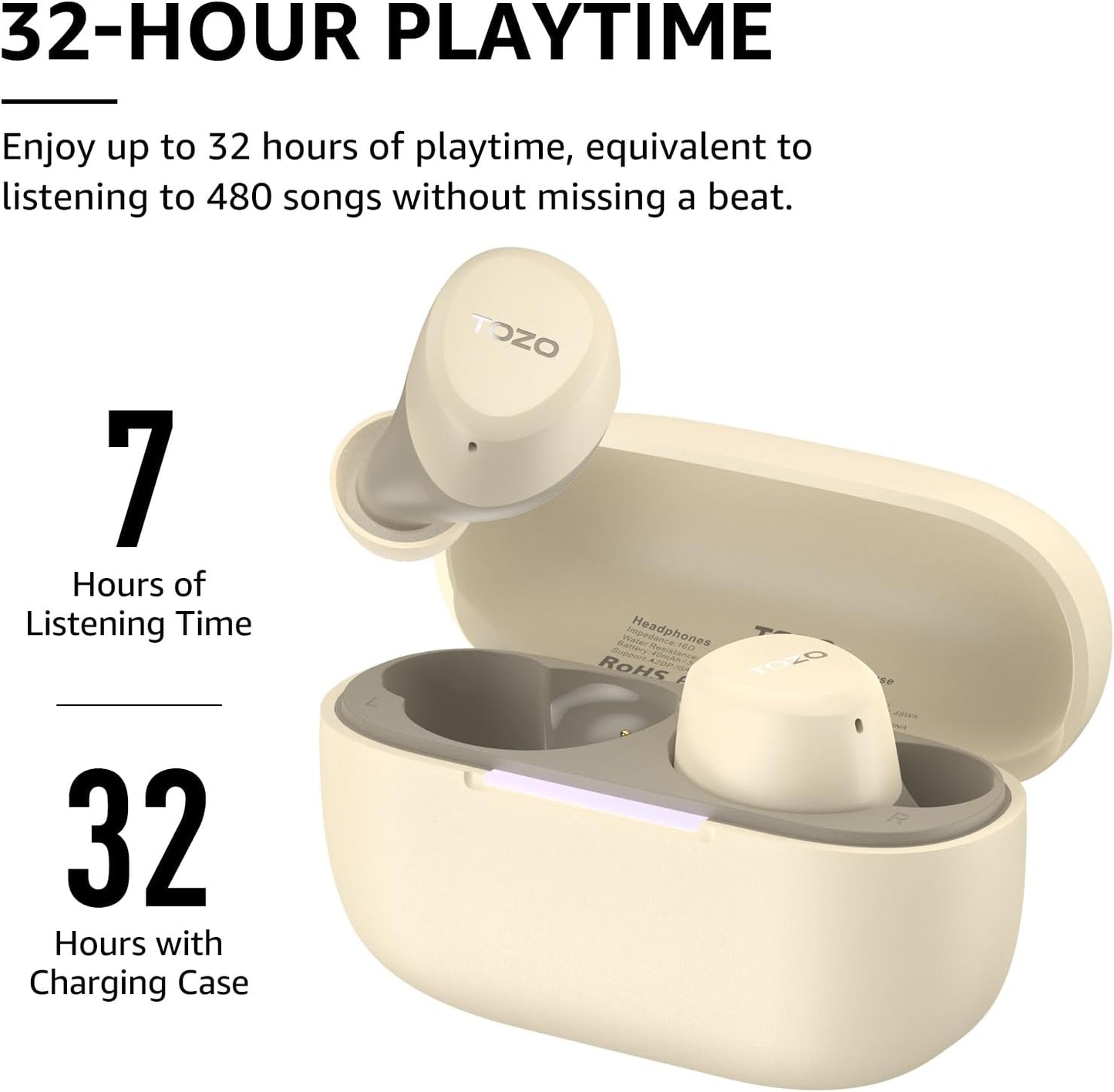 TOZO A1 Wireless Earbuds Bluetooth 5.3 Light Weight in Ear IPX5 Waterproof Headphones 2 Mic for AI Calls, Immersive Premium Sound Bass Headset with Charging Case, 32 Presets EQ Customization via App