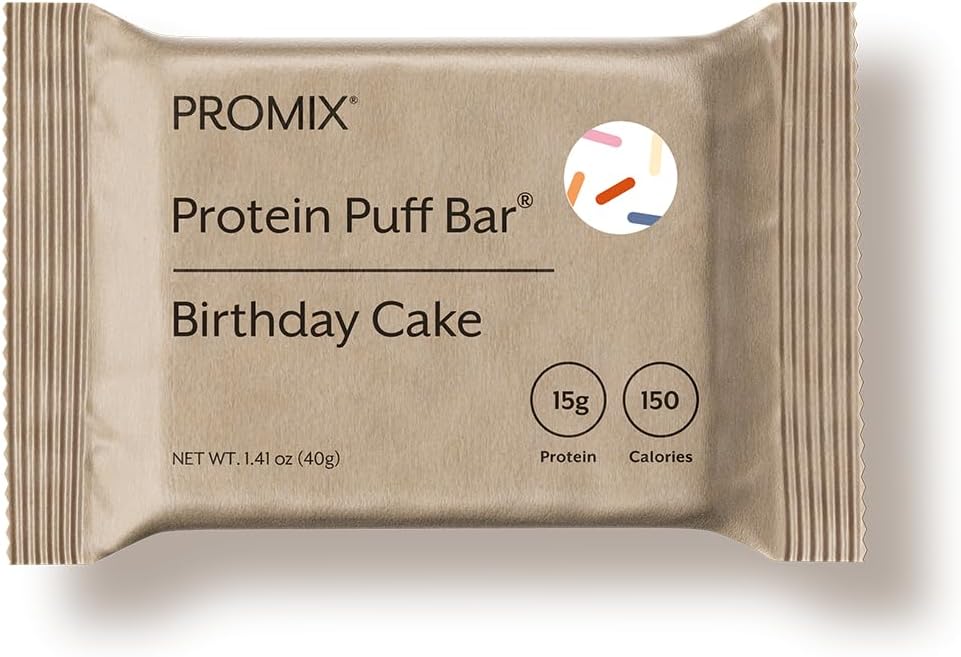 ProMix Nutrition Protein Puff Bars - Birthday Cake - Marshmallow Crispy Treat - Great Tasting & Healthy On The Go Snack - High Protein & Low Calorie - Free From Gluten, Soy, & Corn - 12 Bars