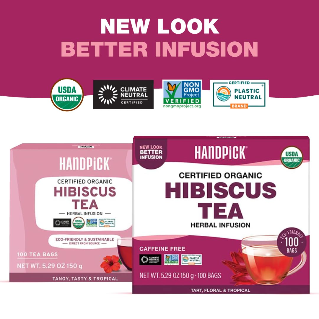 HANDPICK, Organic Hibiscus Tea Bags (100 Tea Bags) | Caffeine-Free, 100% Natural Pure Indian Hibiscus Flowers | Ayurvedic Benefits in every sip