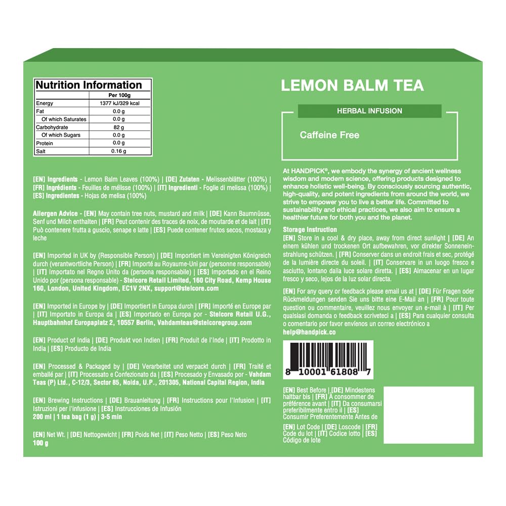 HANDPICK Lemon Balm Tea Bags – 100 Count | 100% Pure Natural Dried Lemon Balm Herb | Caffeine-Free Herbal Tea with Citrus Flavor & Aroma | Round Eco-conscious Teabags