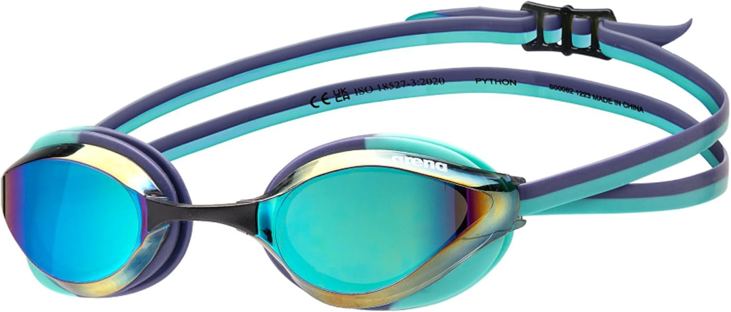 ARENA Unisex Python Racing Swim Goggles for Men and Women Anti-Fog No Leak Max Comfort Dual Strap, Mirror/Non-Mirror Lens