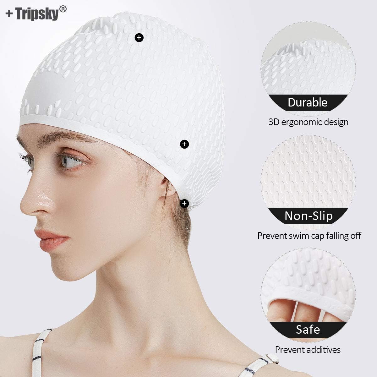 Tripsky Silicone Swim Cap,Comfortable Bathing Cap Ideal for Curly Short Medium Long Hair, Swimming Cap for Women and Men, Shower Caps Keep Hairstyle Unchanged…