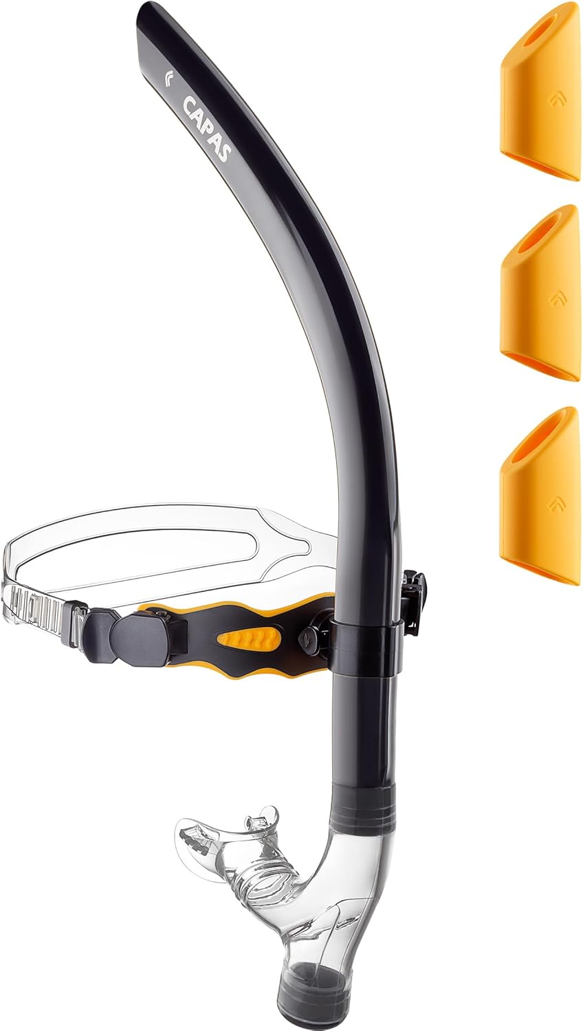 CAPAS Training Swim Snorkel for Lap Swimming, Swivel Headband Ultimate Fit Center-Mount Swimmers Snorkel with Liquid Silicone Mouthpiece Adjustable Strap, Designed for Adult Men Women