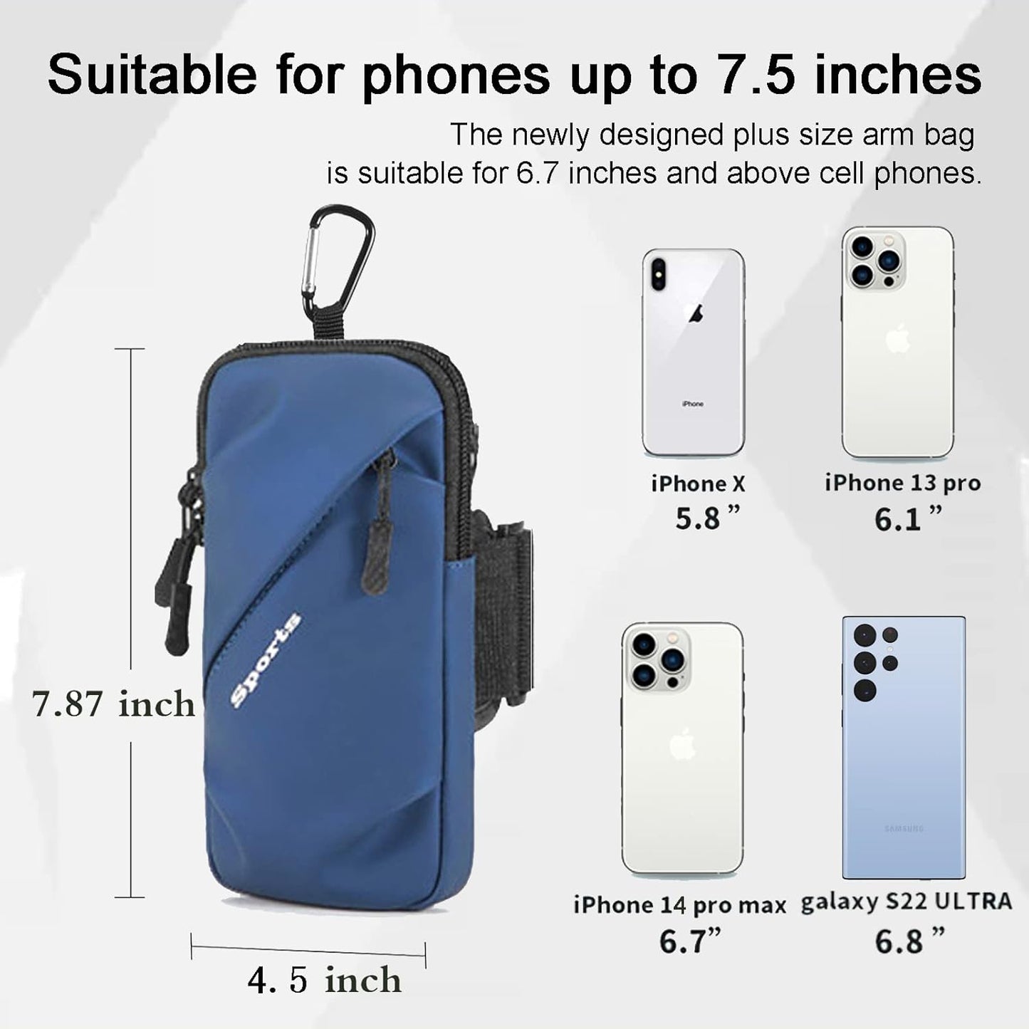 Phone Holder Arm Bands, Small Crossbody Shoulder Holsters Bag with Arm Band, Fits iPhone and All Cell Phones, Use for Running, Walking, Hiking & Biking (Plus Size,Blue)