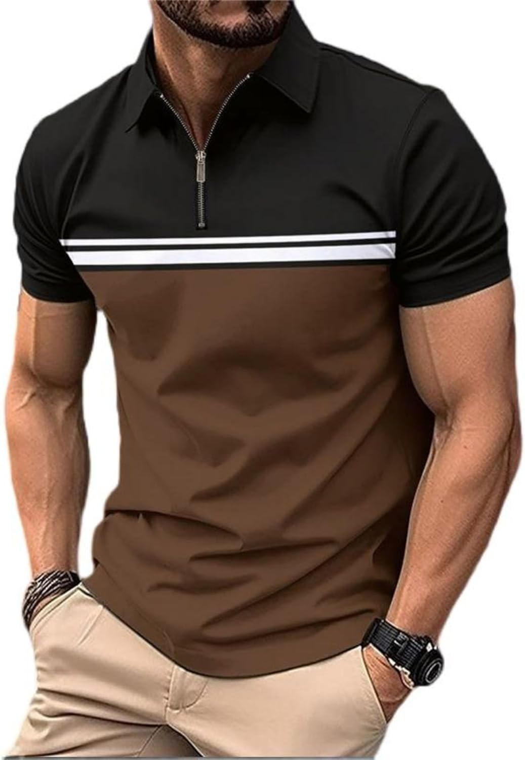 Men's Casual Polo Shirts Short Sleeve Fashion Golf Shirt Classic Striped Slim Fit T-Shirts
