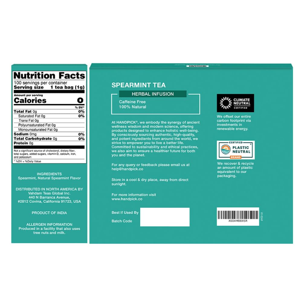 HANDPICK, Spearmint Tea Bags (100 Herbal Tea Bags) |Refreshing Mint Tea | Non-GMO | Round Eco-Conscious Teabags