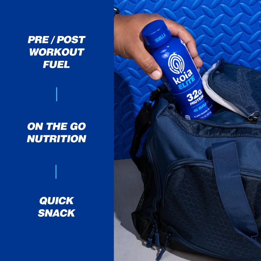 Koia Elite Plant Based Protein Shake, Vanilla, 32g Protein, 4g Sugar, 6g Prebiotic Fiber, Pre & Post Workout Nutritional Drink, No Seed Oils, Dairy-Free, Gluten-Free, Non-GMO, 12 Fl Oz (Pack of 12)