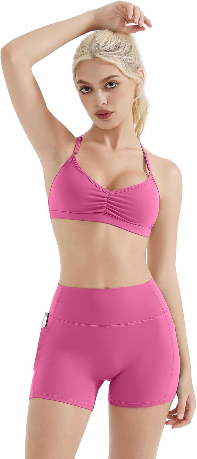 SUUKSESS Workout Sets for Women Padded Open Back Strappy Gym Set Criss Cross Yoga Sets 2 Pieces