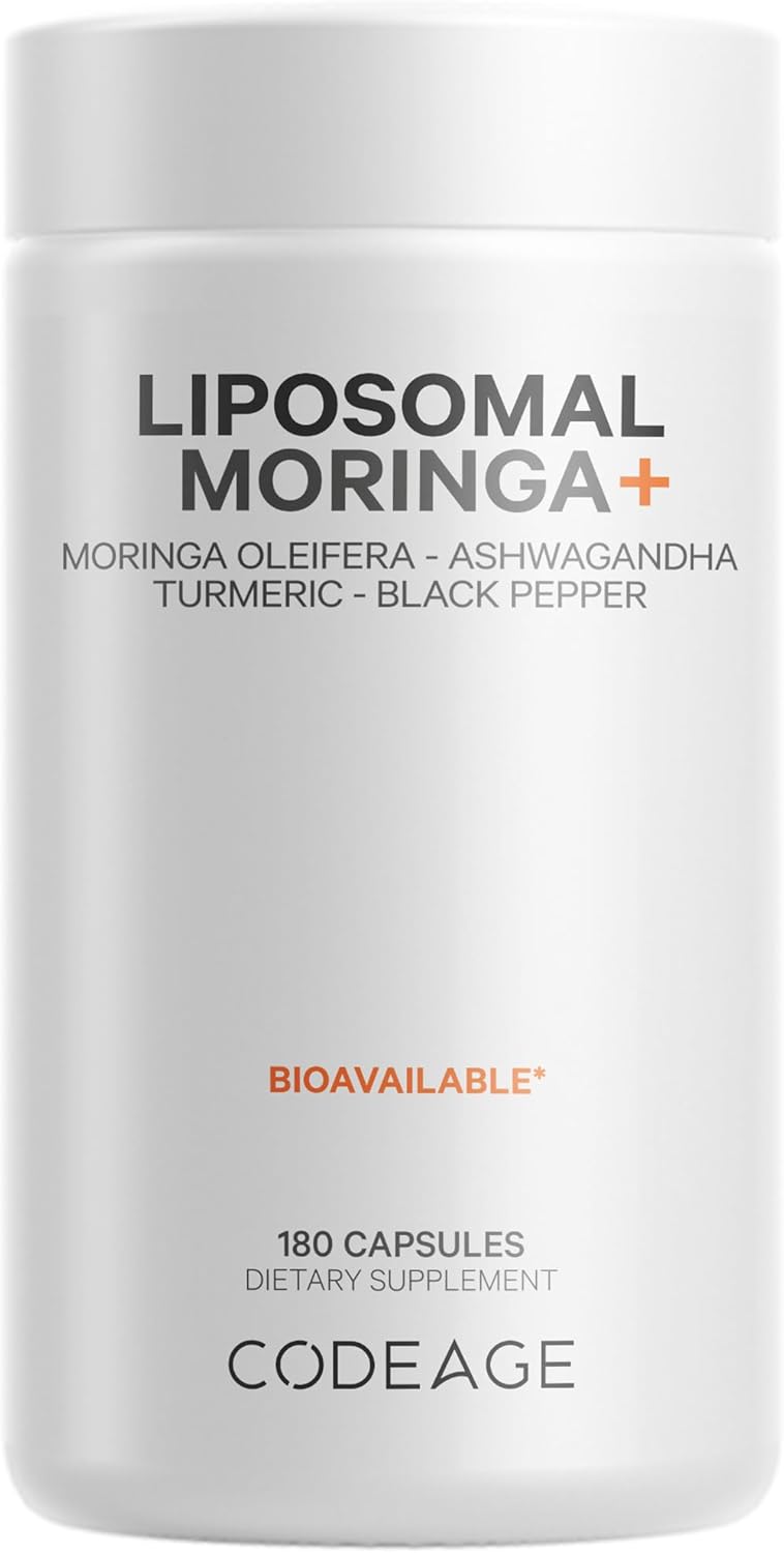 Codeage Liposomal Moringa+ Supplement, 400mg Moringa 50:1 Extract - 20,000mg Moringa Oleifera Leaf Equivalent - Turmeric, Ashwagandha, Black Pepper, 3-Month Supply, Vegan Moringa Powder - 180 Capsules