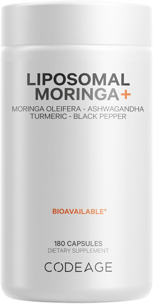 Codeage Liposomal Moringa+ Supplement, 400mg Moringa 50:1 Extract - 20,000mg Moringa Oleifera Leaf Equivalent - Turmeric, Ashwagandha, Black Pepper, 3-Month Supply, Vegan Moringa Powder - 180 Capsules