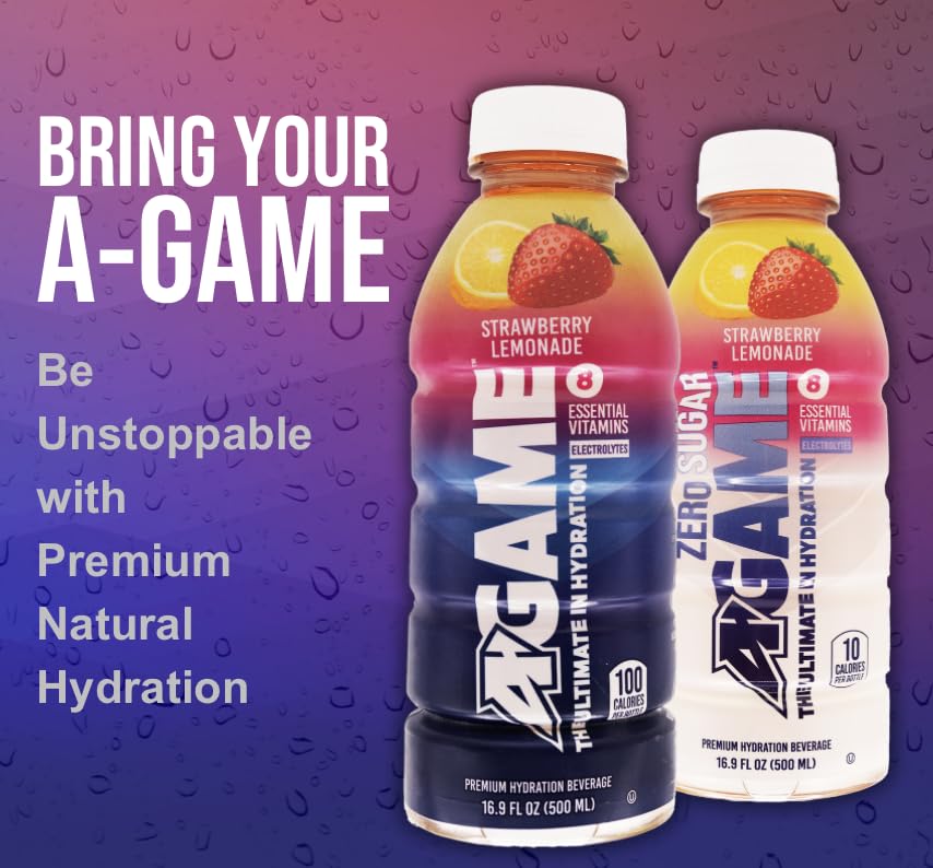 A-GAME Sports Drink, Strawberry Lemonade, The Ultimate Hydration Sports Beverage for Athletes, 8 Essential Vitamins including B, C, & E plus Natural Sea Salt Electrolytes, All Natural Flavors & Sweeteners, Gluten Free, 16.9 Fl Oz (Pack of 12)