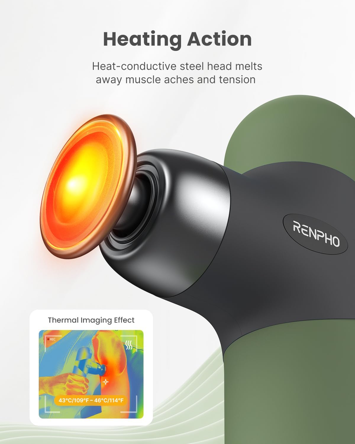 RENPHO Mini Thermal Massage Gun with Heat, Portable Deep Tissue Percussion Massager, Color Silicone Sleeves Travel Size with Carry Case, Olive Drab