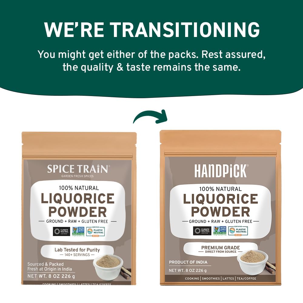 HANDPICK Licorice Root Powder (226g/8oz) Non GMO, Gluten Free, 100% Raw Ground Mulethi, Sourced from India, Glycyrrhiza Glabra, Packed in Resealable Ziplock Pouch