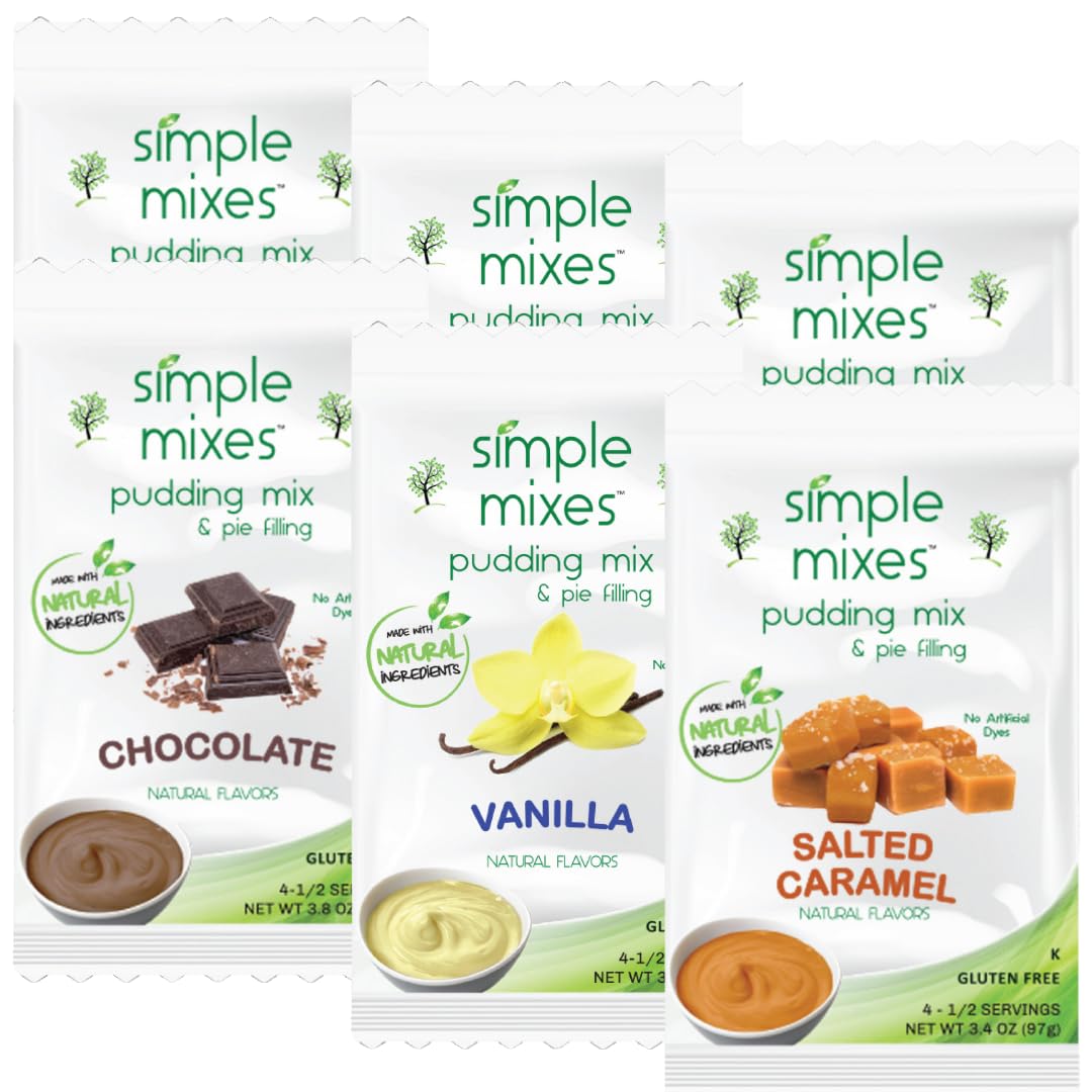 Simple Mixes Natural Instant Pudding & Pie Filling Mix Variety, Chocolate, Vanilla & Salted Caramel, Gluten and Dye-Free, No Fat, or Lactose, Kosher, Variety 6 Pack