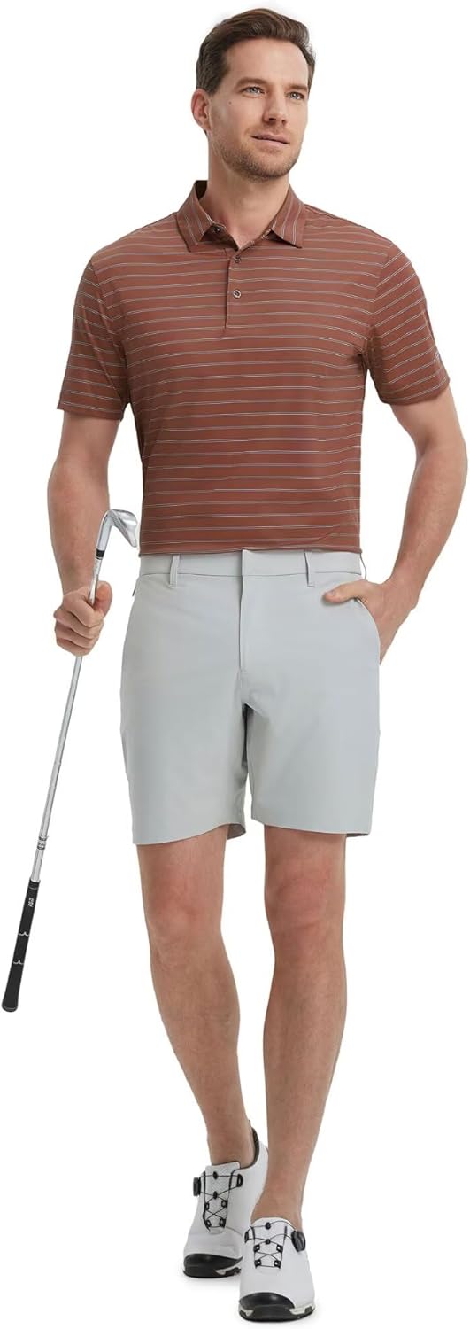 M MAELREG Mens Striped Golf Shirts Short Sleeve Silk-Like Touch Water-Resistant Breathable Soft Collared Polo Shirts for Men