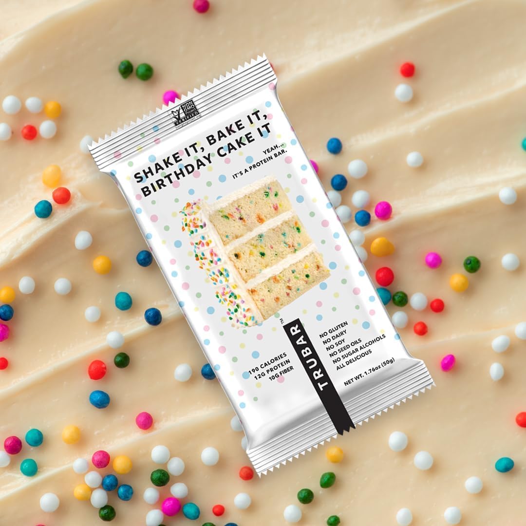 TRUBAR Vegan Protein Bar, Shake it Bake it Birthday Cake it, Gluten Free, Plant Based Protein, Dairy Free, Non GMO, Soy Free, No Sugar Alcohols, 12G Protein, 12G Fiber, 23G Carb, On the Go Snack Bars, 12 ct