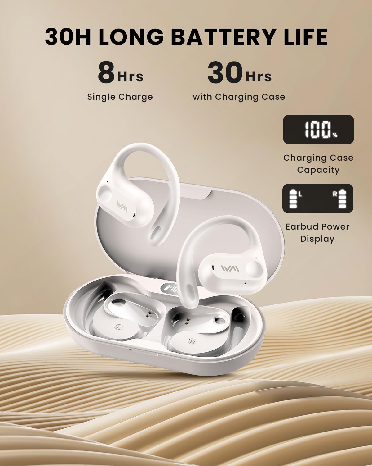 Open Ear Headphones,Wireless Bluetooth 5.3 Air Conduction Open Earbuds,Comfort & Secure Fit ,Powerful Bass,Clear Calls,30H Playback,Light Weight Sports Headsets with Ear-Hook for Workout,Running,Beige