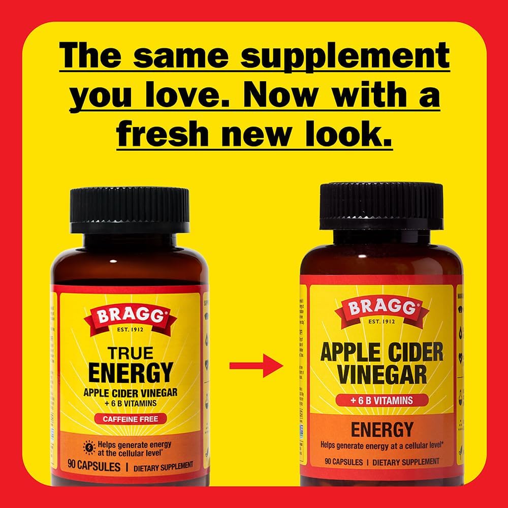 Bragg Energy Apple Cider Vinegar Capsules with B-12 Vitamins - 90 Capsules (2 Pack) – Weight Management - Non-GMO, Vegan, Gluten Free - Helps Generate Energy at Cellular Level for Men and Women