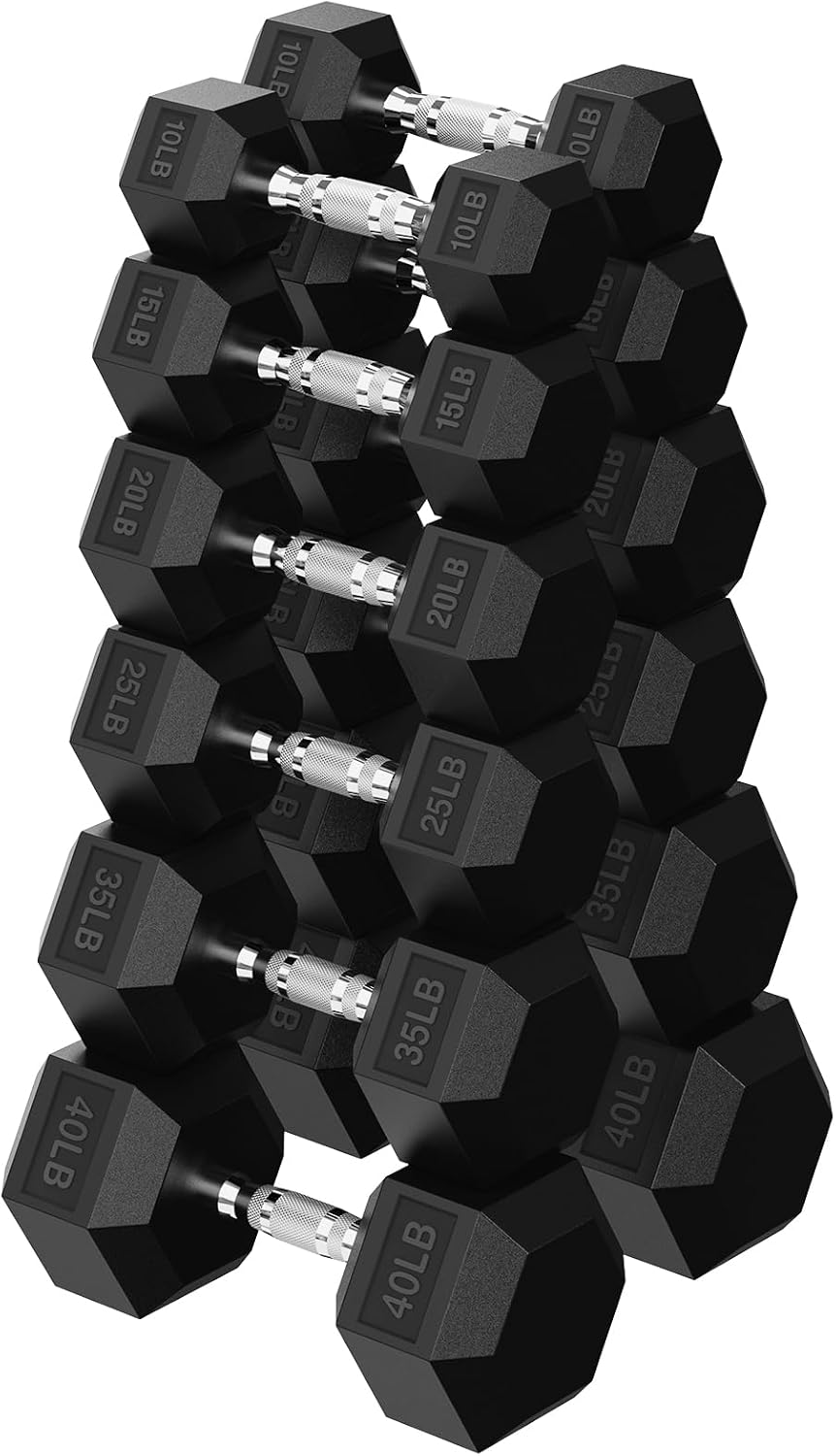 Hex Dumbbell 45-480 lb Set, Rubber Encased Exercise & Fitness Dumbbells for Home Gym, Hand Weights for Strength Training