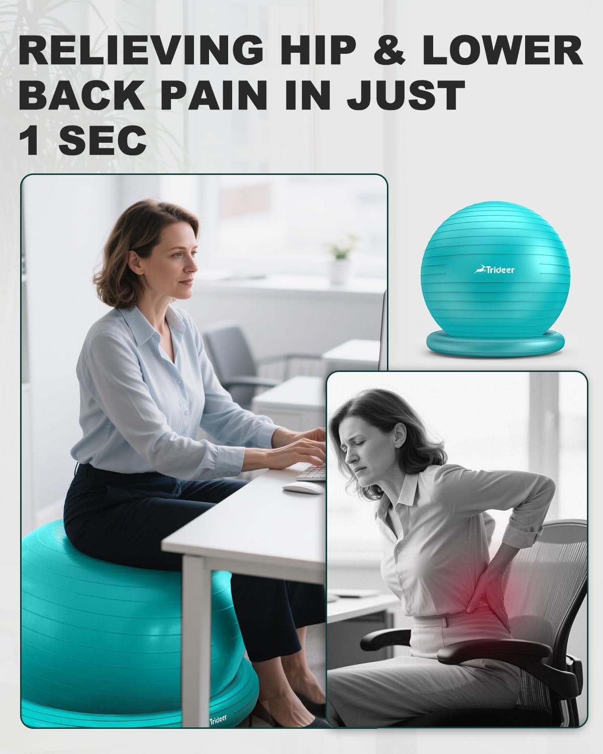 Trideer Exercise Yoga Ball Chair with Base for Home Office Desk, Stability & Fitness Ball Seat to Relieve Back Pain, Home Gym Workout for Abs, Pregnancy Ball with Pump