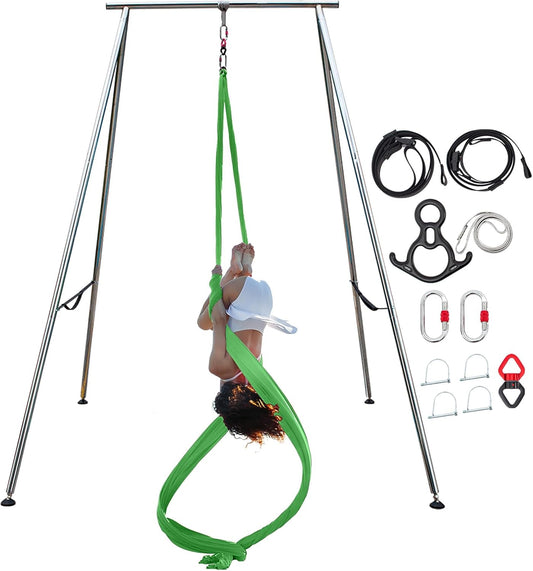 TECSPEC 9.6 FT/115.3 Inch Adjustable Height Aerial Yoga Frame & Hammock, Professional Swing Stand with 18 FT/33FT Aerial Silk, 550lbs Max Capacity